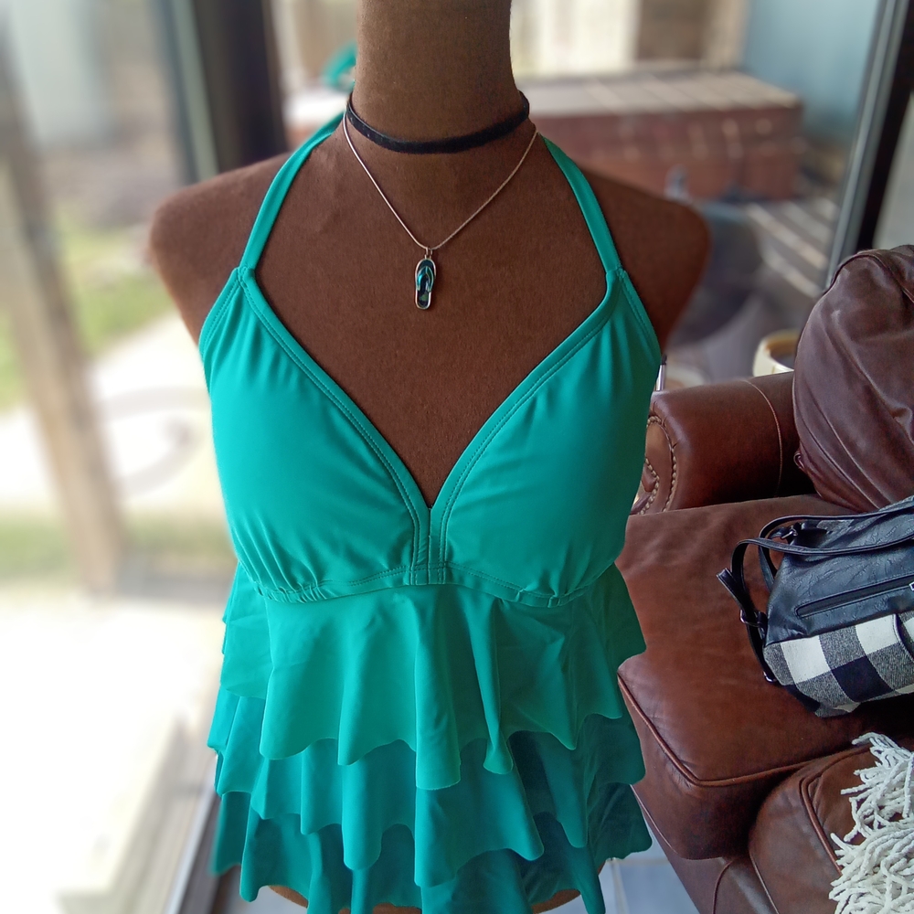 Catalina Teal Halter Ruffle Swimsuit Top, Size 12